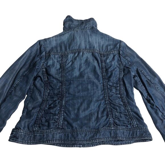 Coldwater Creek Jacket Women 8 Blue Chambray Ruched Roll Tab Sleeve Snap Shacket - Picture 12 of 16